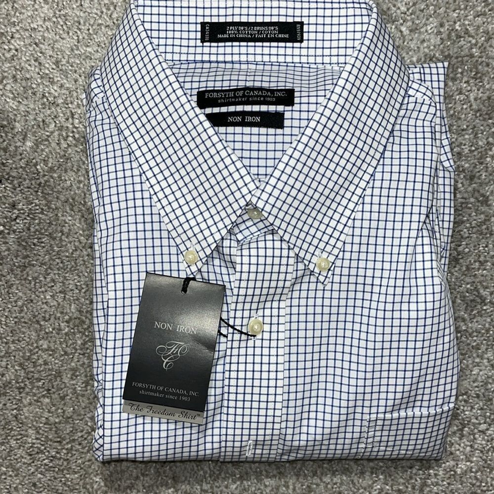 Forsyth of Canada Non Iron White Blue Check Gingham Plaid Dress Shirt 19 x 34/35